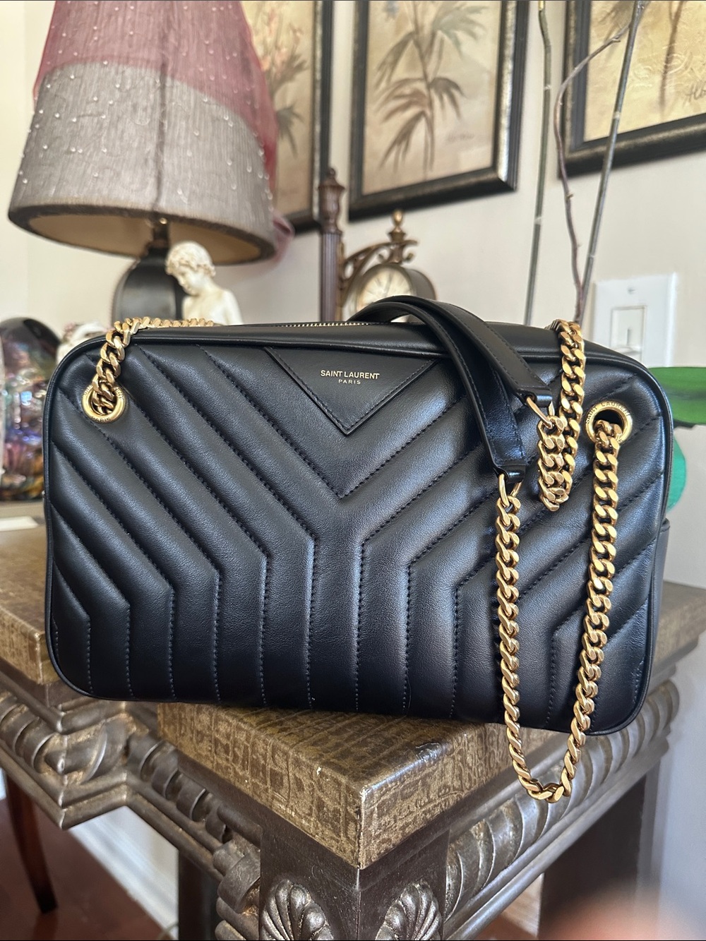 Saint Laurent Joan Camera Black Quilted Leather Shoulder Bag with Gold Chain